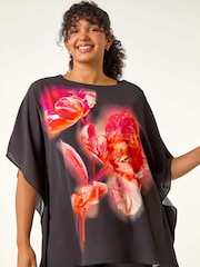 Roman Red Curve Floral Overlay Top - Image 4 of 5