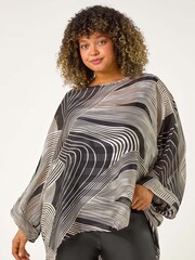 Roman Black Curve Mono Wave Print Woven Top - Image 1 of 5