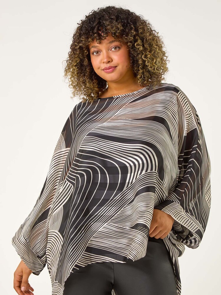 Roman Black Curve Mono Wave Print Woven Top - Image 1 of 5 Roman Black Curve Mono Wave Print Woven Top - Image 1 of 5