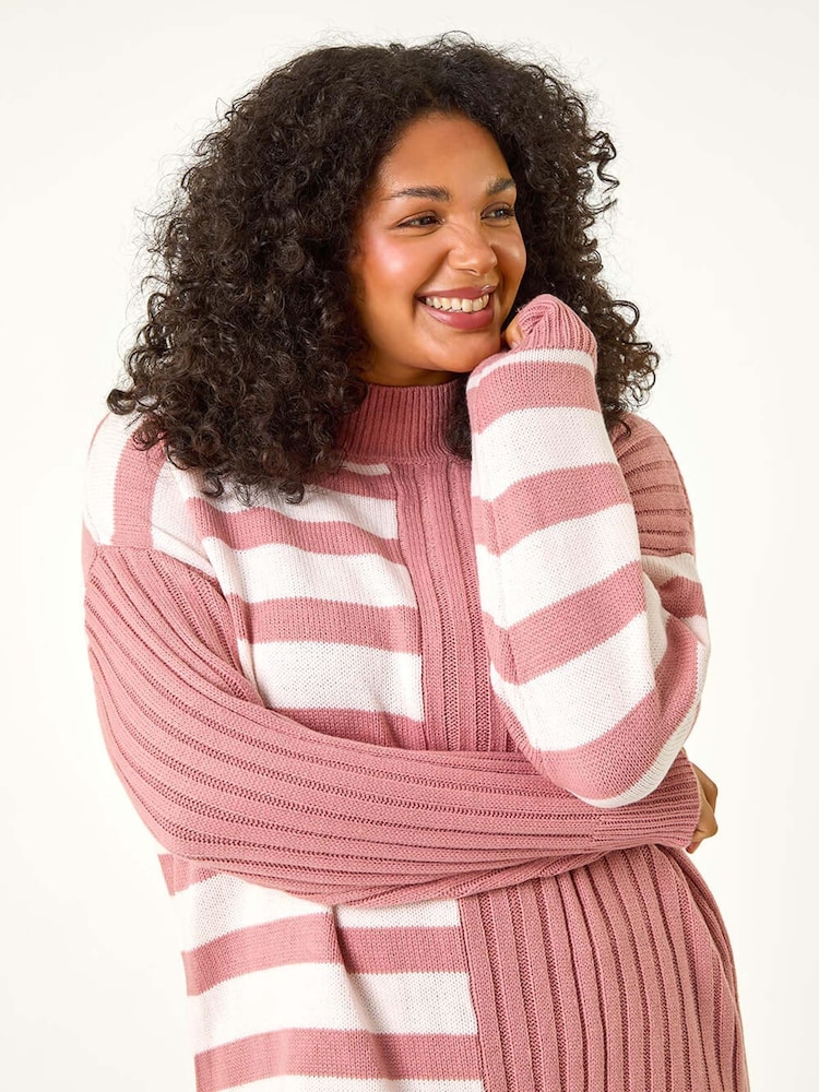 Roman Pink Curve Contrast Stripe High Neck Jumper - Image 1 of 5