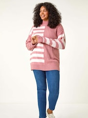 Roman Pink Curve Contrast Stripe High Neck Jumper - Image 2 of 5
