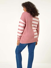 Roman Pink Curve Contrast Stripe High Neck Jumper - Image 3 of 5