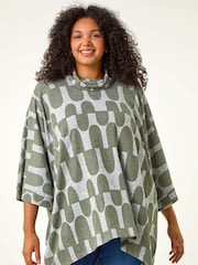 Roman Green Curve Geometric Print Roll Neck Top - Image 1 of 4