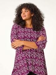 Roman Purple Curve Textured Floral Print Tunic - Image 1 of 5
