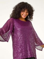 Morado - Top de manga transparente con lentejuelas Curve de Roman - Imagen 1 de 5