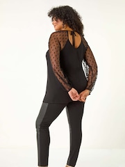 Roman Black Curve Mesh Spot Sleeve Top - Image 4 of 6