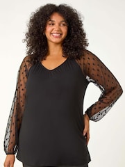 Roman Black Curve Mesh Spot Sleeve Top - Image 5 of 6