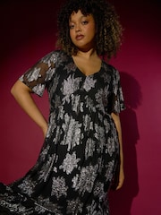 Roman Metallic Curve V-Neck Print Tiered Midi Dress - Image 1 of 6