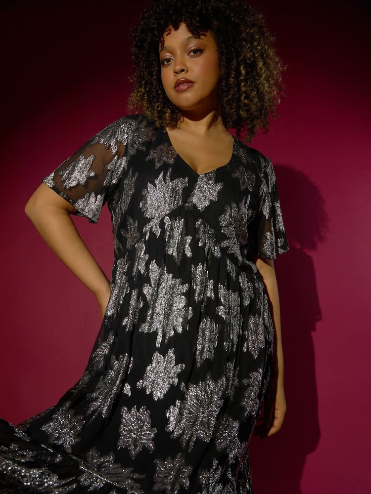 Roman Metallic Curve V-Neck Print Tiered Midi Dress - Image 1 of 6