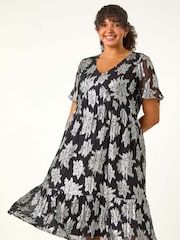 Roman Metallic Curve V-Neck Print Tiered Midi Dress - Image 2 of 6
