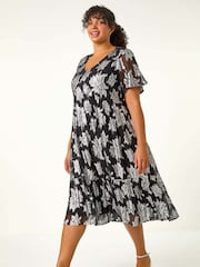 Roman Metallic Curve V-Neck Print Tiered Midi Dress - Image 3 of 6