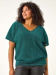 Green - Roman Curve Metallic Plisse Banded Top - Image 4 of 5