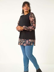Roman Brown Curve Floral Print 2-In-1 Top - Image 3 of 6