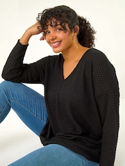 Roman Black Curve V-Neck Crotchet Knit Top - Image 1 of 5