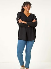 Roman Black Curve V-Neck Crotchet Knit Top - Image 2 of 5