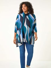 Roman Blue Curve Wave Print Roll Neck Top - Image 2 of 5
