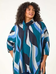 Roman Blue Curve Wave Print Roll Neck Top - Image 4 of 5