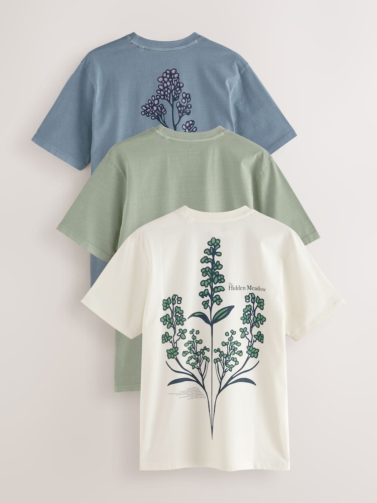 Ecru White/Green/Blue Regular Fit Graphic 100% Cotton T-Shirts 3 Pack - Image 1 of 9