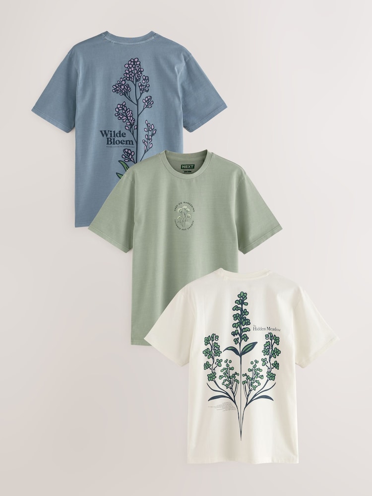 Ecru White/Green/Blue Graphic Print T-Shirts 3 Pack - Image 1 of 15 Ecru White/Green/Blue Graphic Print T-Shirts 3 Pack - Image 1 of 15