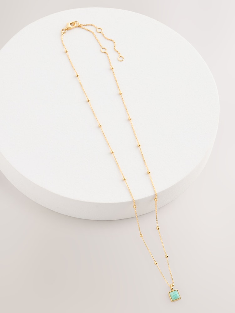 Gold Plated Sterling Silver Square Stone Ball Chain Necklace - Image 1 of 3