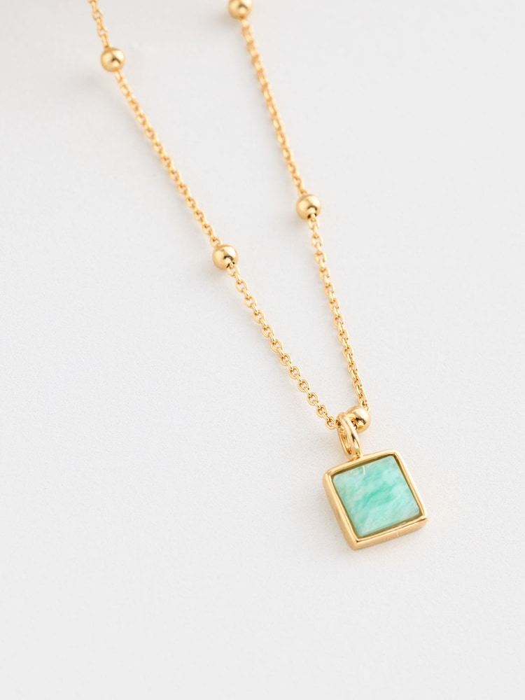 Gold Plated Sterling Silver Square Stone Ball Chain Necklace - Image 2 of 3
