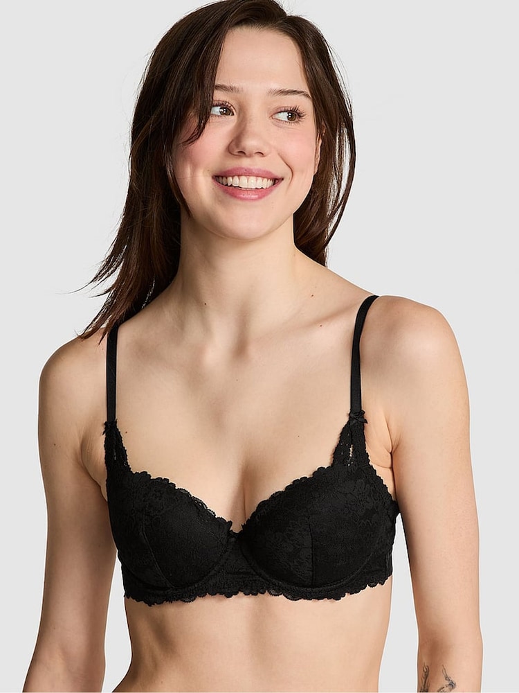 Victoria's Secret PINK Black Lace Lightly Lined Balcony Bra - Image 1 of 2