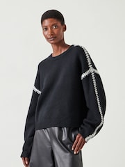 Hush Black Whitney Relaxed Wool Blend Stitch Detail Jumper - Image 1 of 5