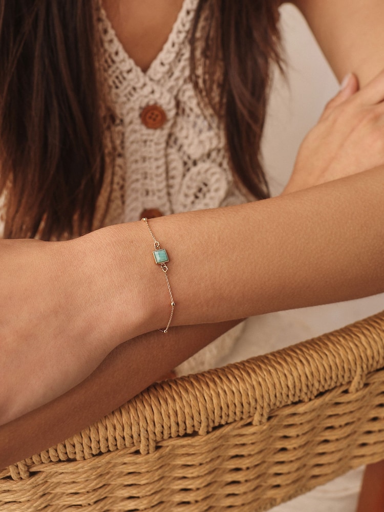 Gold Plated Sterling Silver Square Stone Ball Chain Bracelet - Image 1 of 6