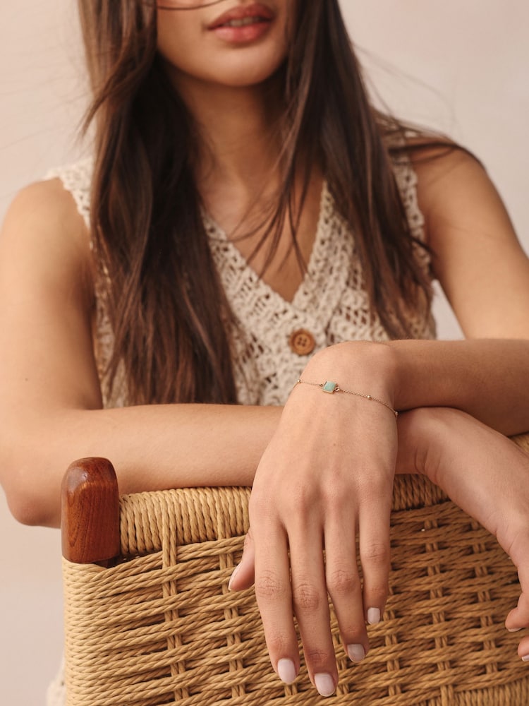 Gold Plated Sterling Silver Square Stone Ball Chain Bracelet - Image 2 of 6