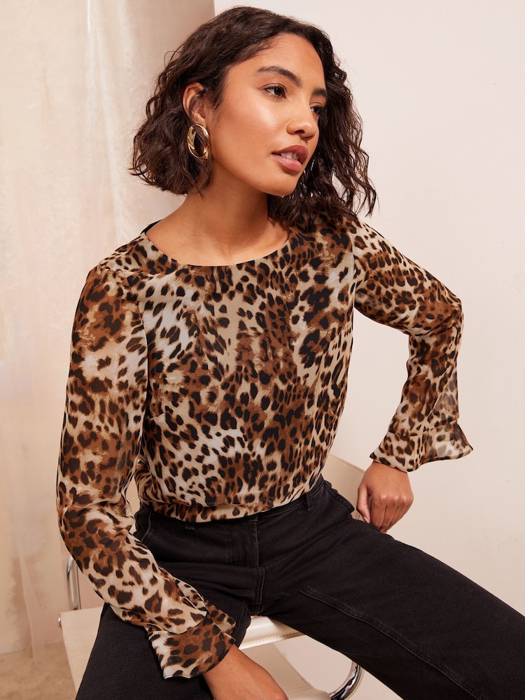 Friends Like These Brown Animal 2 Petite Leopard Print Chiffon Blouse - Image 2 of 4