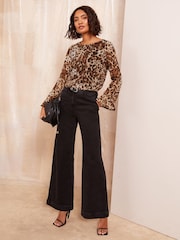 Friends Like These Brown Animal 2 Petite Leopard Print Chiffon Blouse - Image 3 of 4