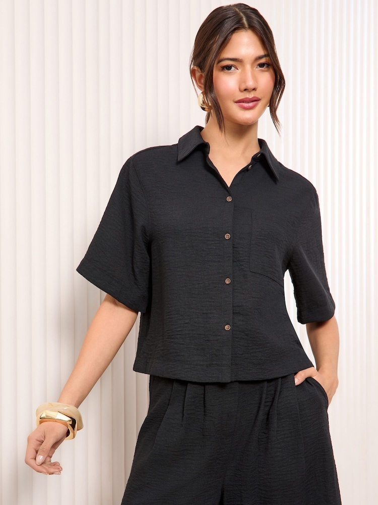 Friends Like These Black Linen Look Short Sleeve Shirt - Image 1 of 4 Friends Like These Black Linen Look Short Sleeve Shirt - Image 1 of 4
