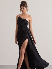 Club L London Black Hollywood Satin Strapless Draped Maxi Dress - Image 3 of 5