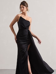 Club L London Black Hollywood Satin Strapless Draped Maxi Dress - Image 4 of 5