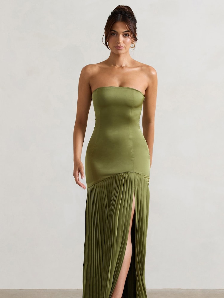 Club L London Green Confidence Satin Bandeau Pleated Split Maxi Dress - Image 1 of 5