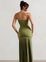 Club L London Green Confidence Satin Bandeau Pleated Split Maxi Dress - Image 2 of 5