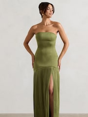 Club L London Green Confidence Satin Bandeau Pleated Split Maxi Dress - Image 3 of 5