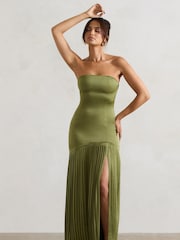 Club L London Green Confidence Satin Bandeau Pleated Split Maxi Dress - Image 4 of 5