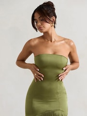 Club L London Green Confidence Satin Bandeau Pleated Split Maxi Dress - Image 5 of 5