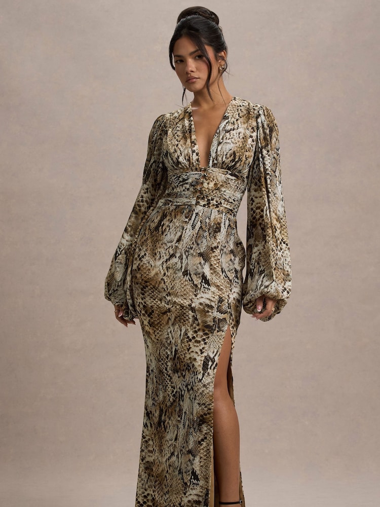 Club L London Snake Print Casarile V-Neck Balloon Sleeve Maxi Dress - Image 1 of 7