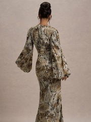 Club L London Snake Print Casarile V-Neck Balloon Sleeve Maxi Dress - Image 2 of 7