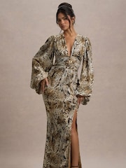 Club L London Snake Print Casarile V-Neck Balloon Sleeve Maxi Dress - Image 3 of 7
