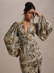 Club L London Snake Print Casarile V-Neck Balloon Sleeve Maxi Dress - Image 4 of 7