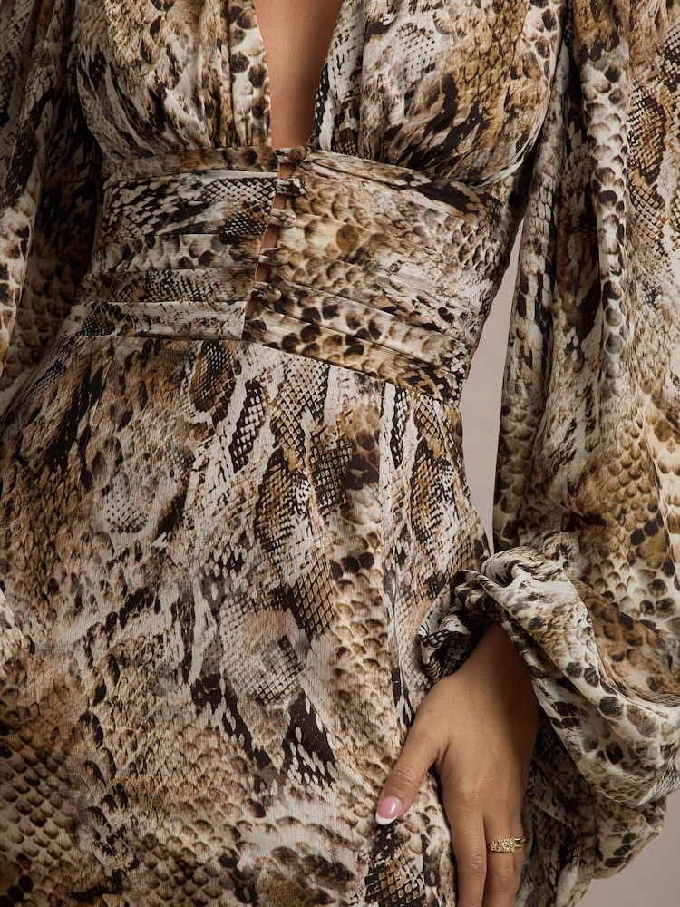 Club L London Snake Print Casarile V-Neck Balloon Sleeve Maxi Dress - Image 7 of 7