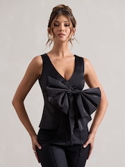 Club L London Black Adoration Satin Plunge-Neck Top With Bow - Image 1 of 5