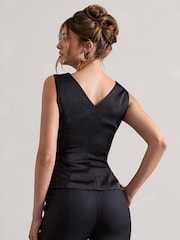 Club L London Black Adoration Satin Plunge-Neck Top With Bow - Image 2 of 5