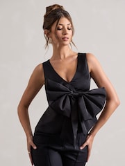 Club L London Black Adoration Satin Plunge-Neck Top With Bow - Image 3 of 5