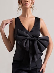 Club L London Black Adoration Satin Plunge-Neck Top With Bow - Image 5 of 5