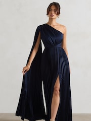 Club L London Blue My Vision Plisse Asymmetric Split Maxi Dress With Cape Sleeve - Image 2 of 5