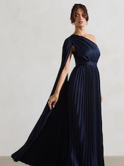 Club L London Blue My Vision Plisse Asymmetric Split Maxi Dress With Cape Sleeve - Image 3 of 5